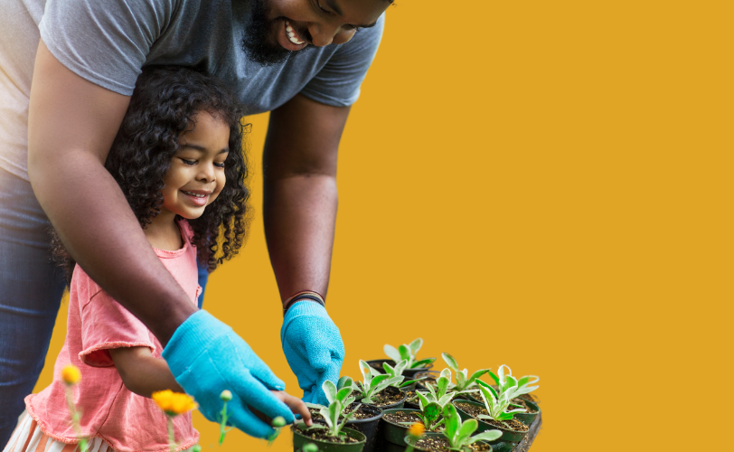 A man gardening with a younger girl.