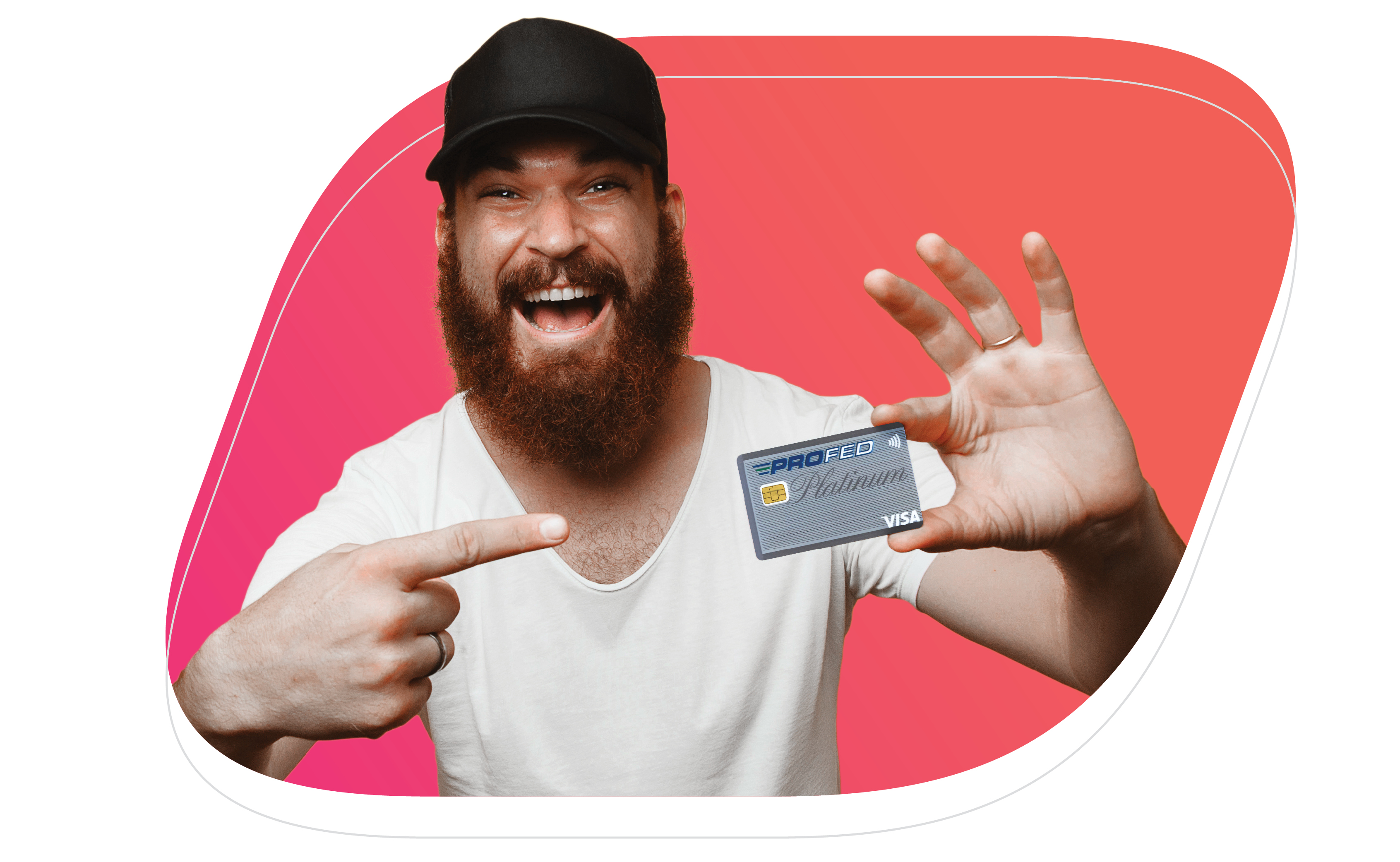 A man holding a pointing to a ProFed Visa Platinum credit card.