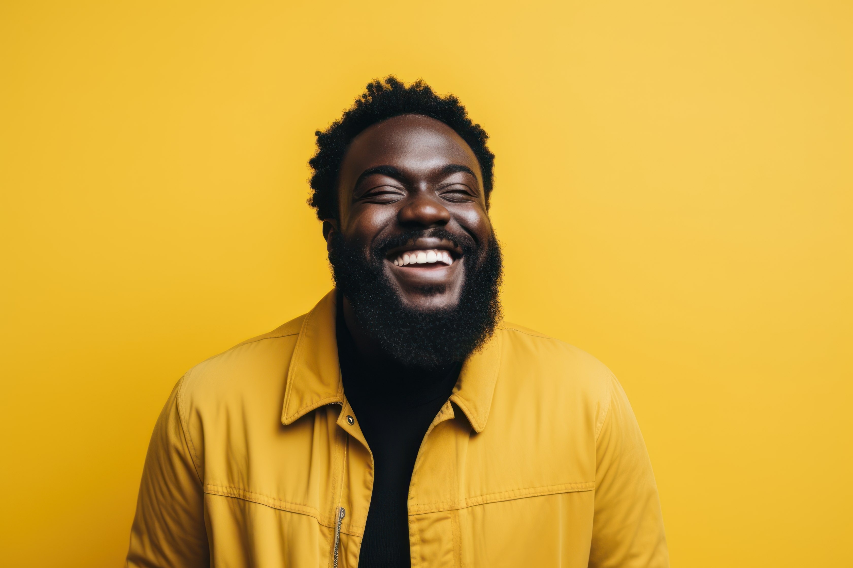 A man smiling with a yellow shirt against a yellow wall.