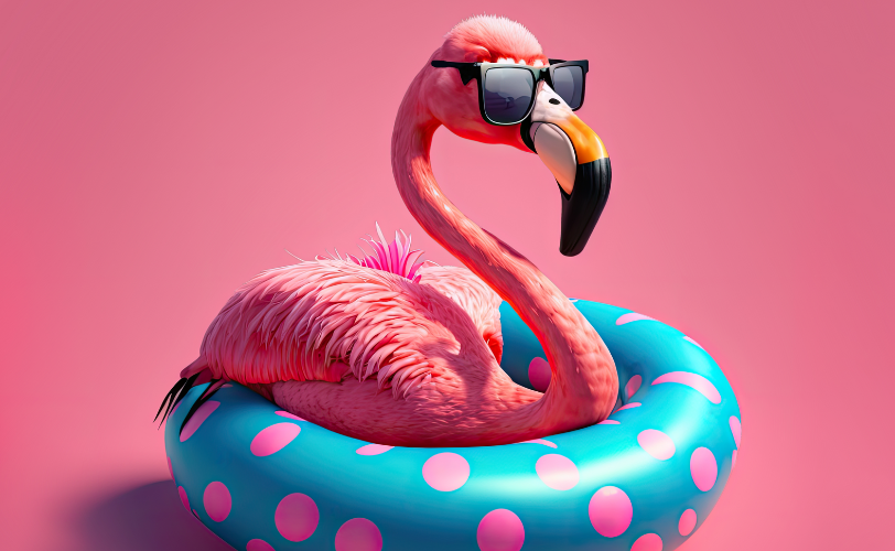 A flamingo wearing sunglasses sitting in a swim float.