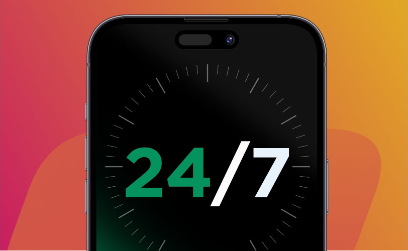 A phone with a 24/7 clock on it.