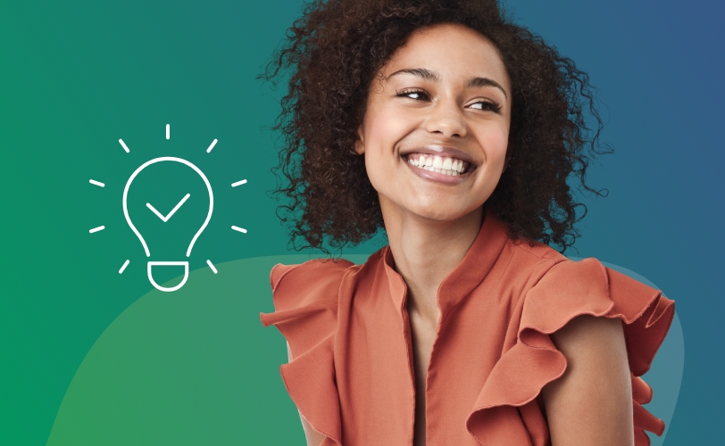 A woman smiling with a lightbulb icon next to her.