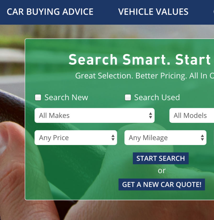 A cropped screenshot of ProFed's online member auto center where you can find car buying advice and vehicle values from preferred dealers.