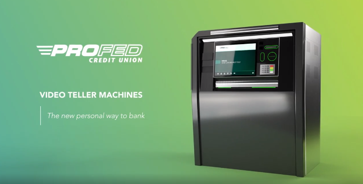 A screenshot of a green gradient background with a virtual teller machine and the profed logo.