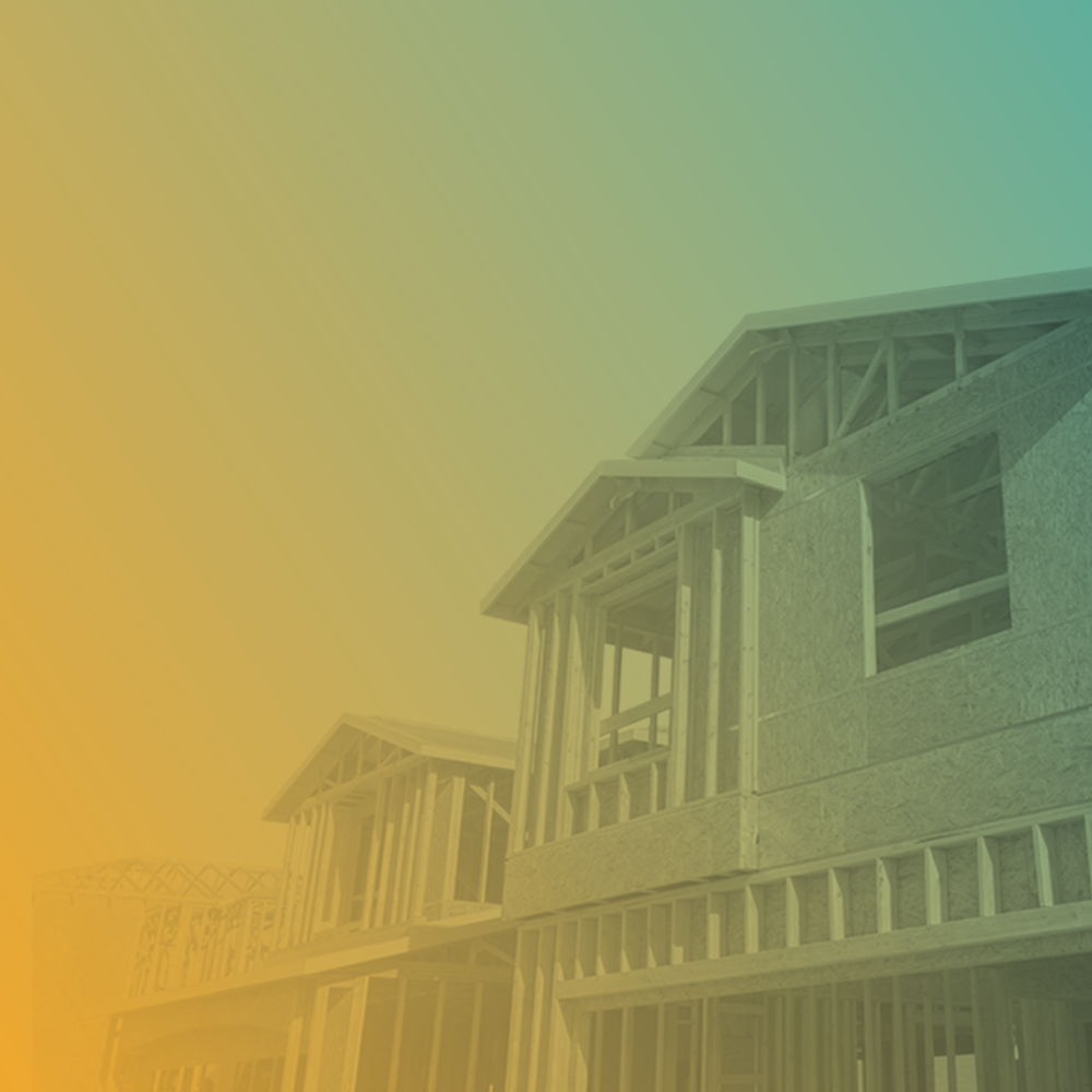 two-story house frame in gray scale on yellow and teal background